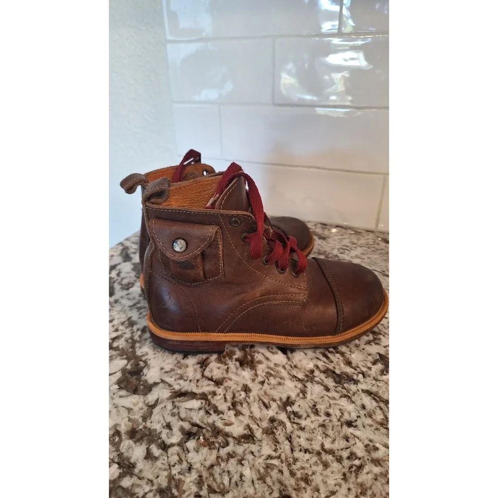 Mikoleon Kids Brown Leather Lace Up Cap Toe Boots Side Pocket EU 29